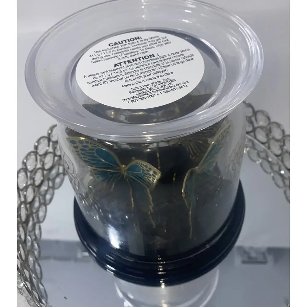 Bath & Body Works Butterfly Cloche Glass 3-Wick Candle Holder Pedestal Blue/New - Picture 3 of 6